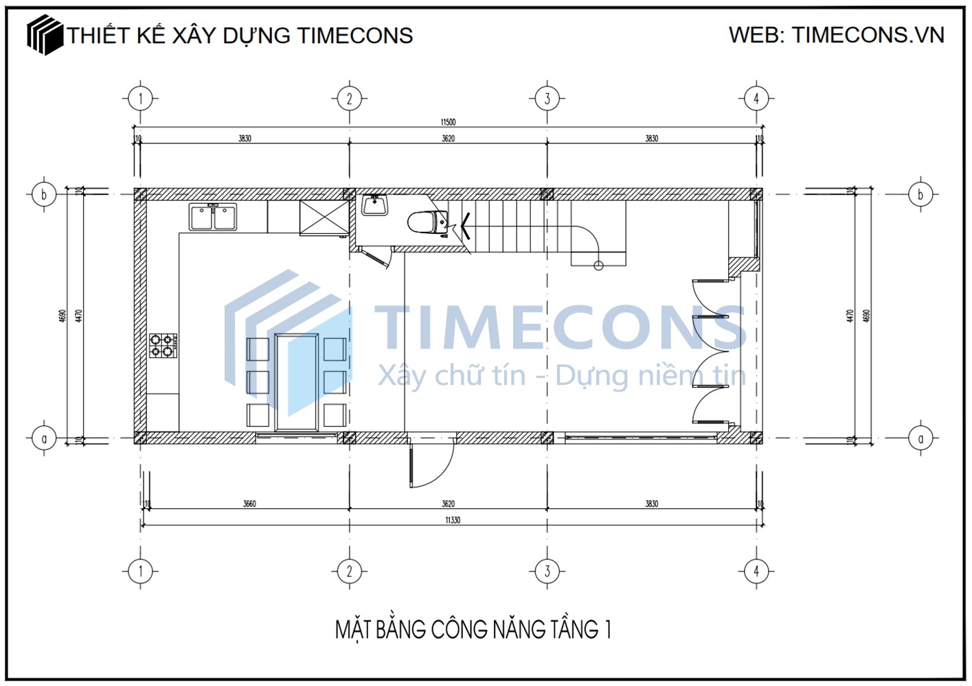 [TCNP020] Bản vẽ mẫu nhà phố 3 tầng Timecons - 01