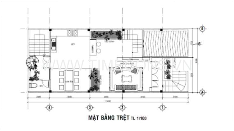 Bản vẽ thiết kế nhà 1 trệt 1 lầu sân thượng trên 6.8×9.6m 